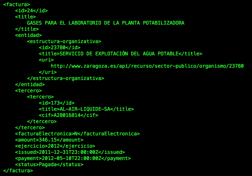 XML output from Ayuntamiento de Zaragoza API.
